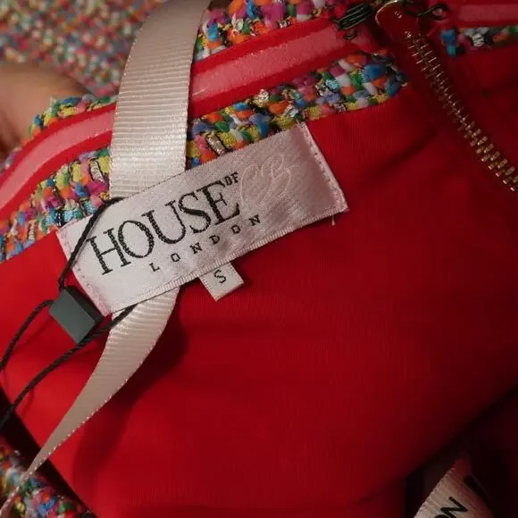 House of CB Gabrielle Tweed Multicolor Midi Dress Bodycon Small Strapless NWT - Picture 5 of 9